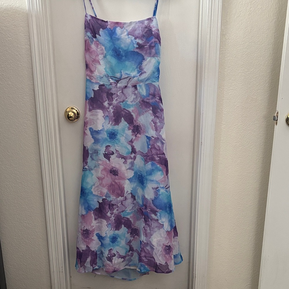 Lulu's Blue and Purple Floral Chiffon Midi Dress